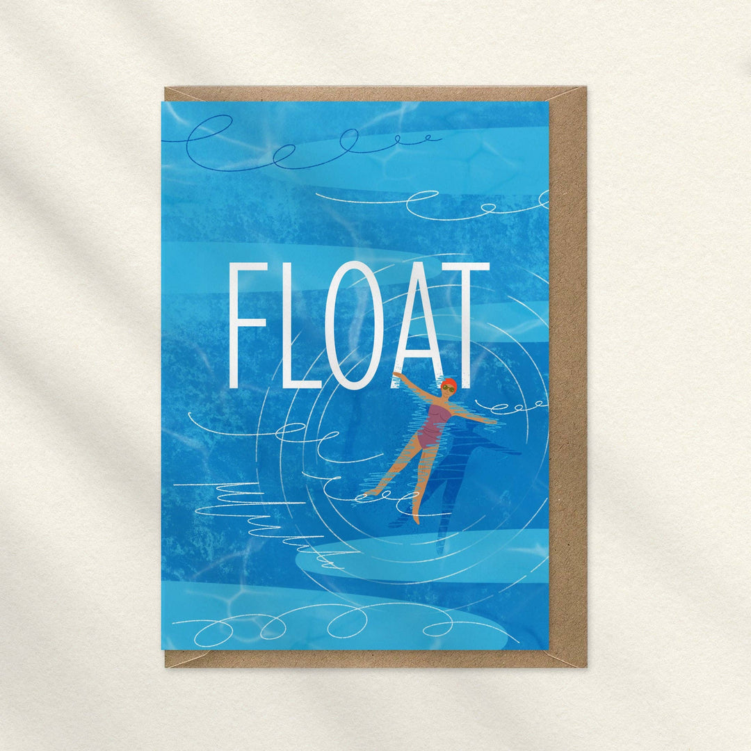 Float wild swimming greeting card by Onneke featuring a lone swimmer floating peacefully on blue water.