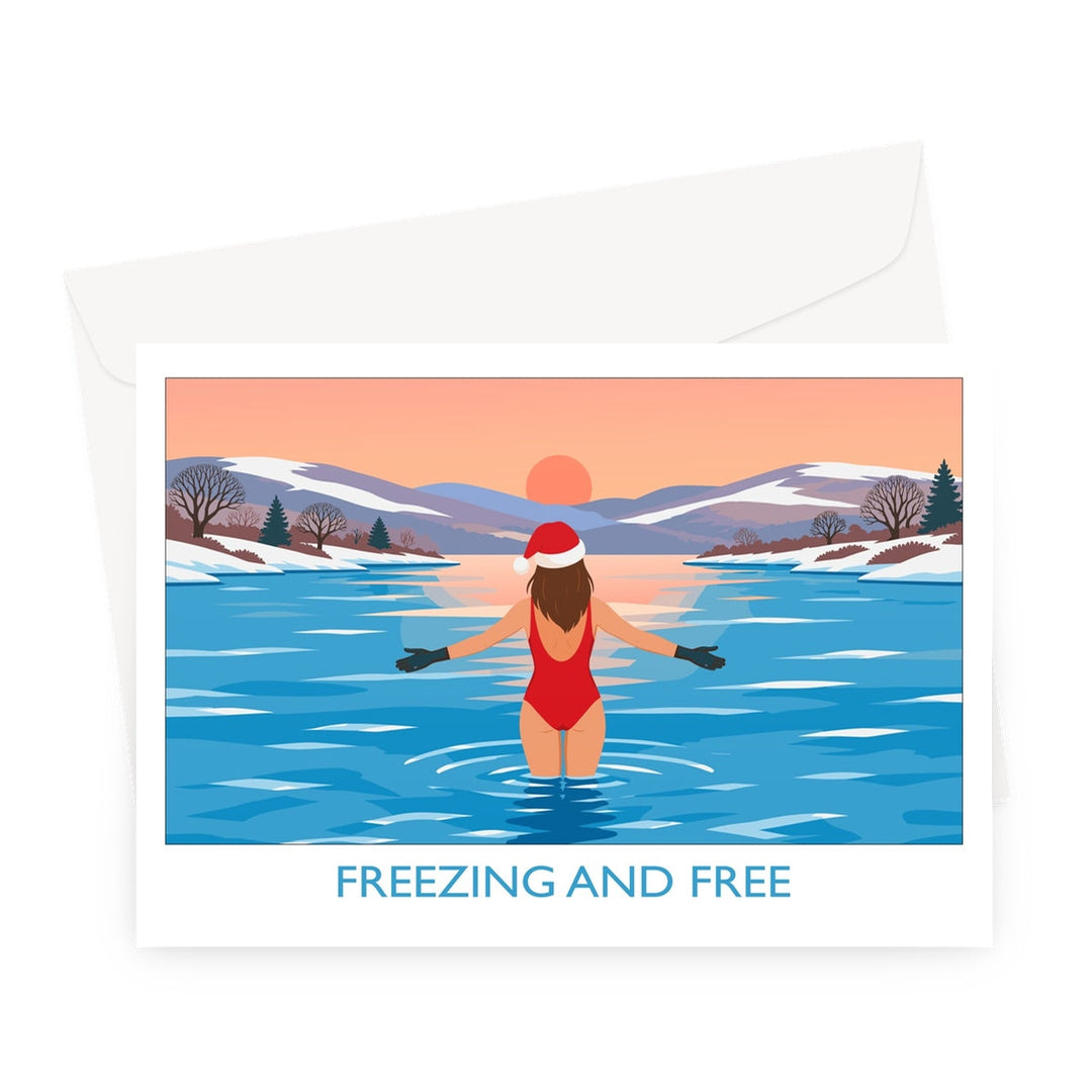 Freezing and Free wild swimming Christmas card by Wild Swim Studio featuring a woman in a red swimsuit and Santa hat standing in a winter lake setting at sunset
