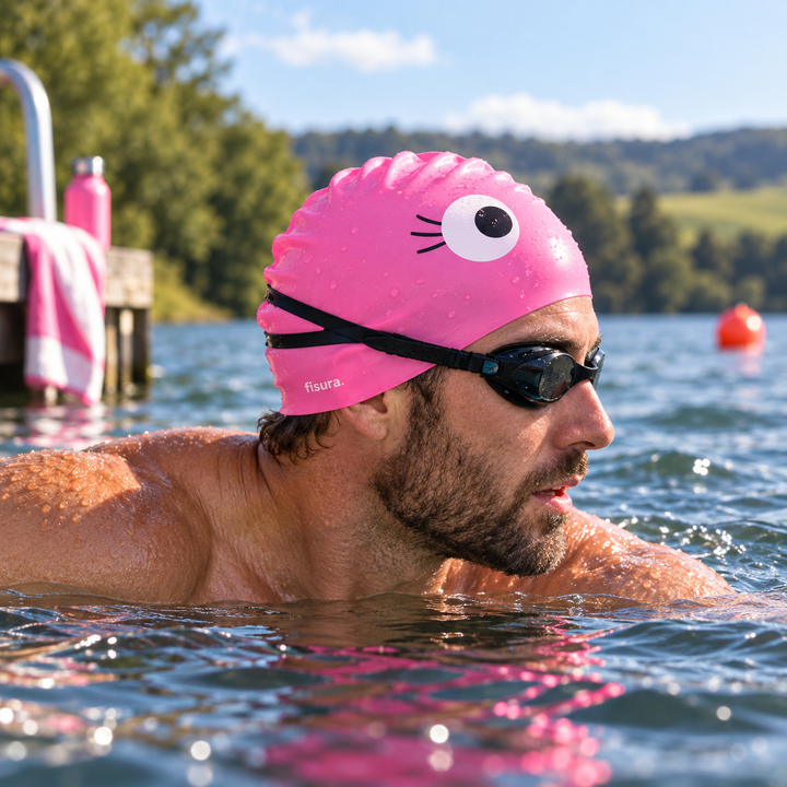 Male swimmer, swimming outdoors in a lake wearing a bright pink swim cap with a cartoon eye design and black swim goggles.