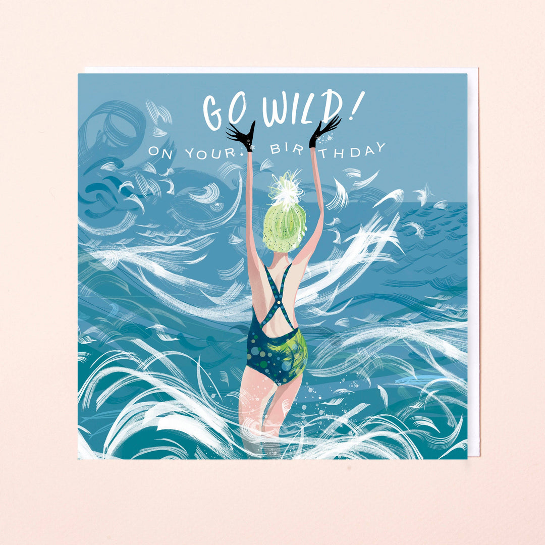 Colourful Lydia. London birthday card featuring a swimmer standing in a swirling blue sea with the words &
