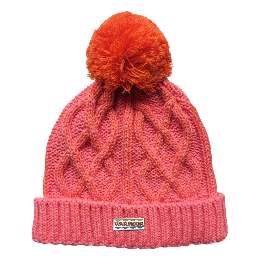 Cable Knit Bobble Hat - Orange &amp; Coral