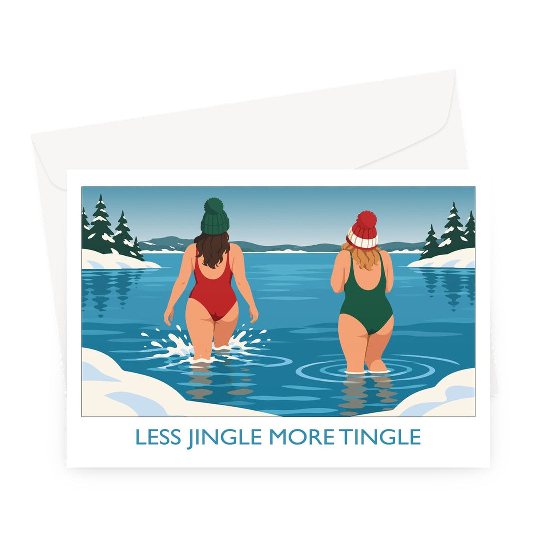 Less Jingle More Tingle wild swimming Christmas card by Wild Swim Studio showing two women in bobble hats wading into a snowy lake