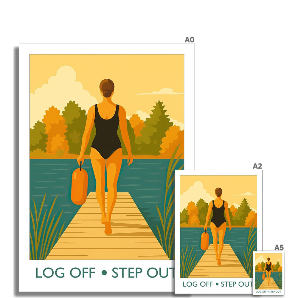 Size guide for the Log Off Step Out open water swimming art print, available in A0 to A5 unframed sizes, printed on premium lustre paper with a satin finish.