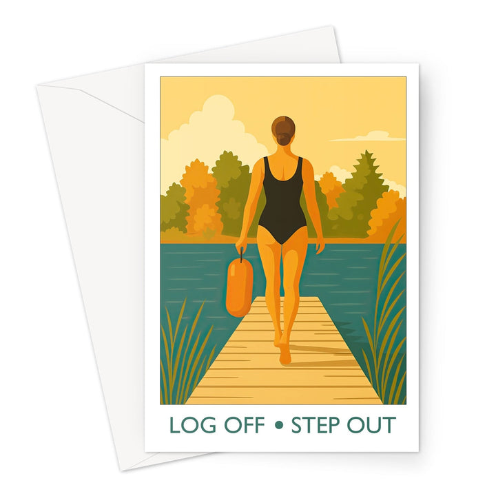 Illustrated greeting card showing a swimmer walking along a wooden jetty towards open water, carrying an orange tow float — a design celebrating digital detox and mindful outdoor swimming.