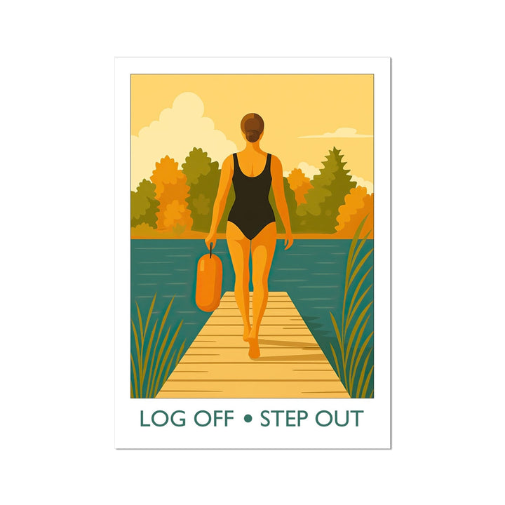 Illustrated open water swimming art print showing a lone swimmer stepping from a wooden jetty into calm water, symbolising mindfulness and digital detox.