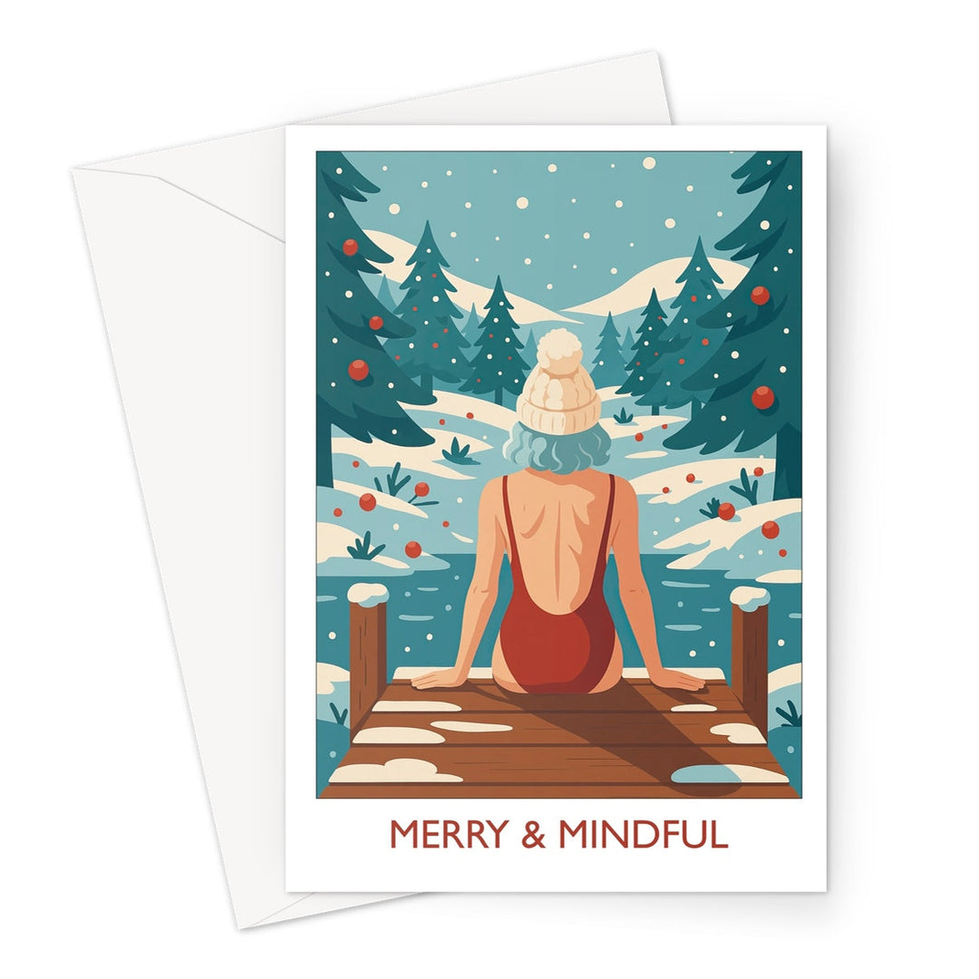 Merry & Mindful wild swimming Christmas card showing a swimmer in a red swimsuit and bobble hat sitting on a snowy jetty surrounded by pine trees.