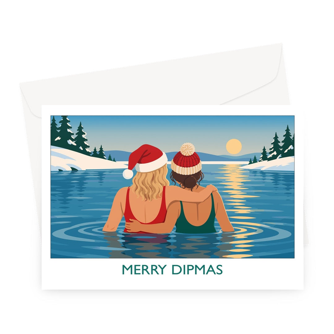 Merry Dipmas wild swimming Christmas card by Wild Swim Studio showing two friends embracing in a winter lake at sunset, wearing festive bobble hats