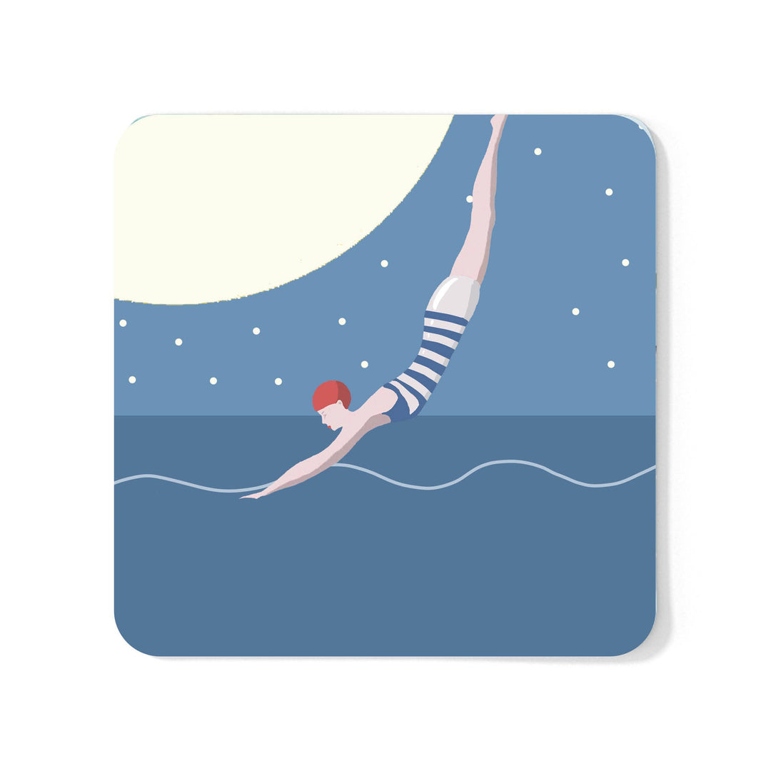 A square coaster with rounded corners featuring a minimalist  illustration of a swimmer diving into water under a large crescent moon and stars.