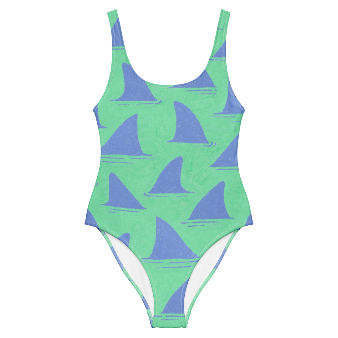 Front image of the Fins Swimsuit by Mor Swimmy — green and blue one-piece featuring hand-drawn shark fin design, perfect for wild swimming.