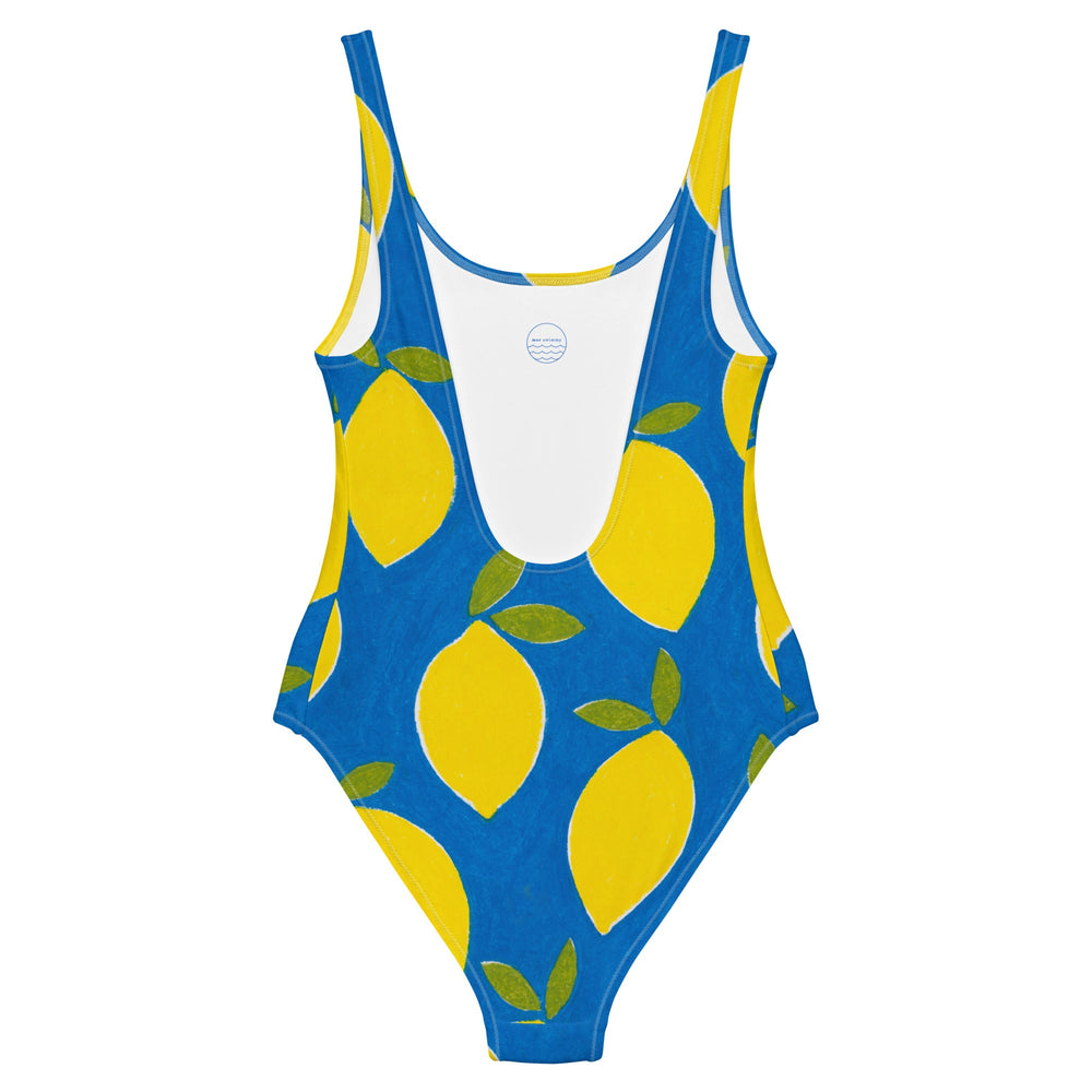 Back image of the Lemons Swimsuit by Mor Swimmy — blue one-piece with yellow lemon design, soft chlorine-resistant fabric, perfect for wild swimming.