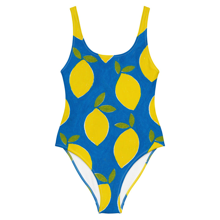 Front image of the Lemons Swimsuit by Mor Swimmy — blue one-piece with yellow lemons design, soft chlorine-resistant fabric, perfect for wild swimming.