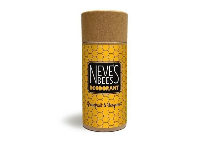 Flat shot of the Neve's Bees grapefruit and bergamot natural deodorant for men.