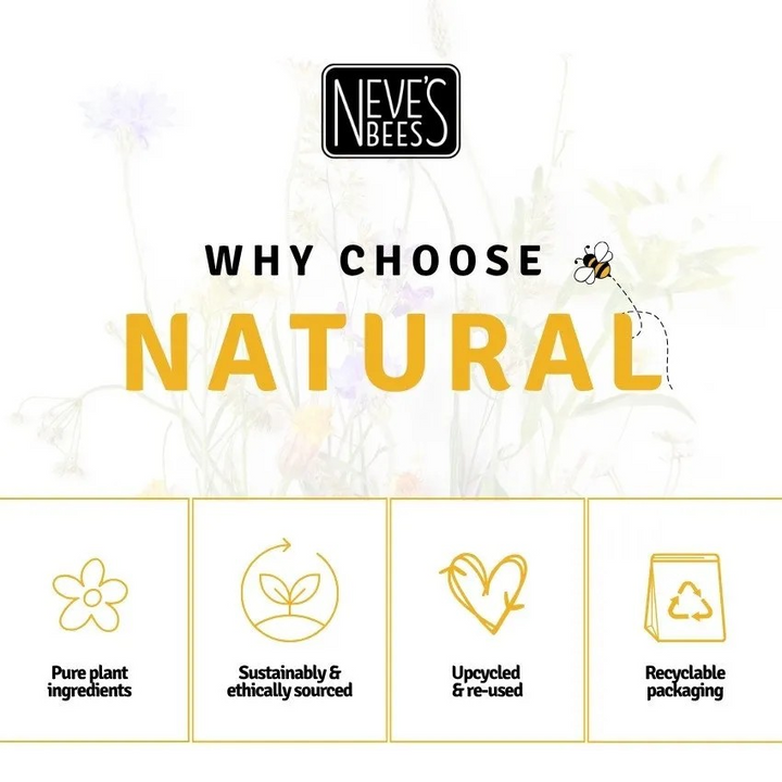 Promotional graphic for Neve's Bees with text 'Why Choose Natural' and icons indicating sustainability.