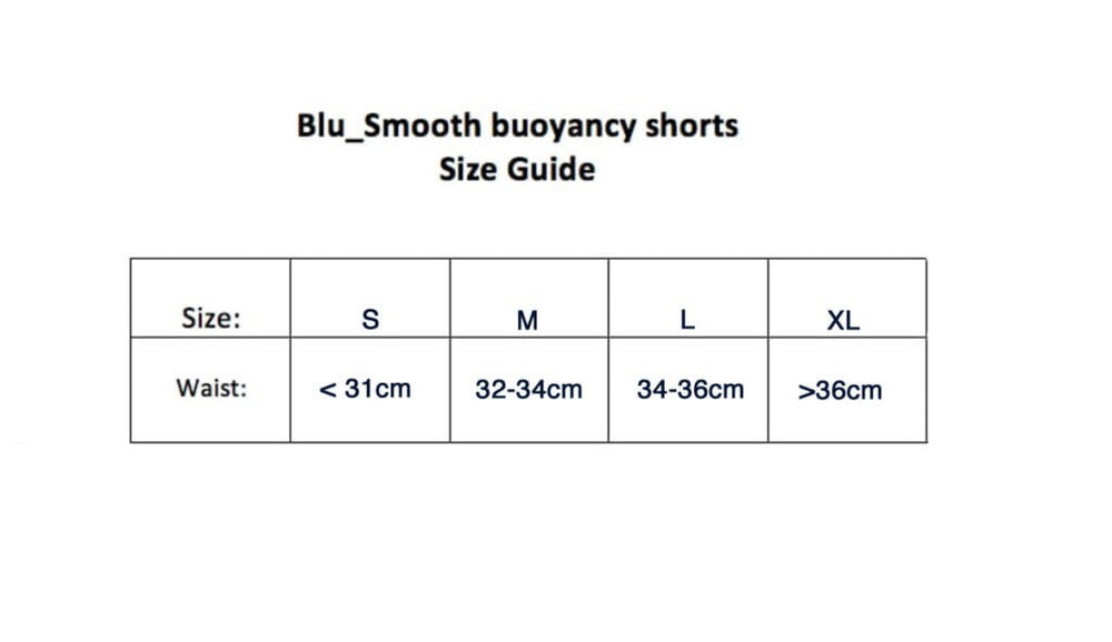Blu Smooth neoprene buoyancy shorts size chart