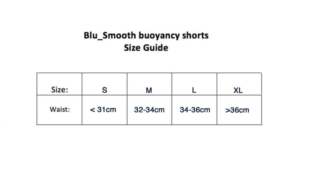 Blu Smooth neoprene buoyancy shorts size chart