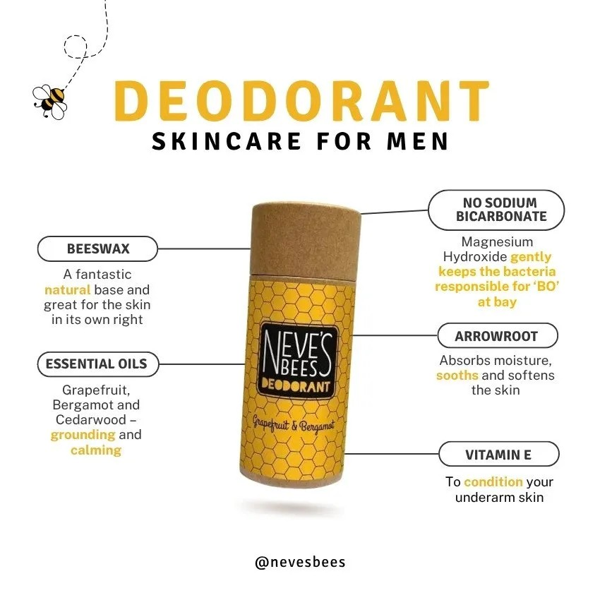 Grapefruit & bergamot natural deodorant from Neve's Bees with features labeled on a white background.