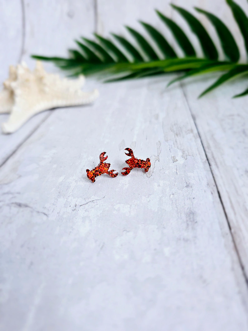 Red Glitter Lobster Stud Earrings