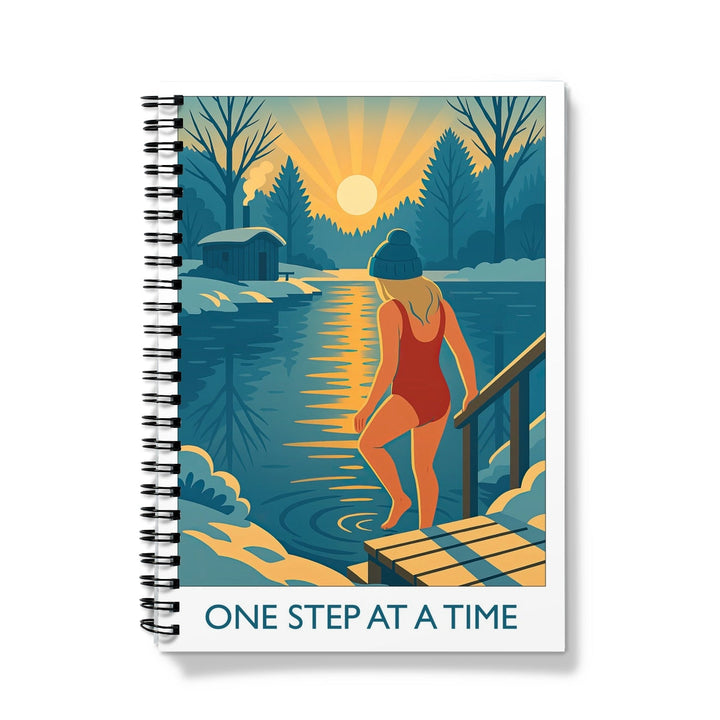 One Step at a Time notebook with winter wild swimming illustration — spiral bound, A5 or A4, lined or graph pages