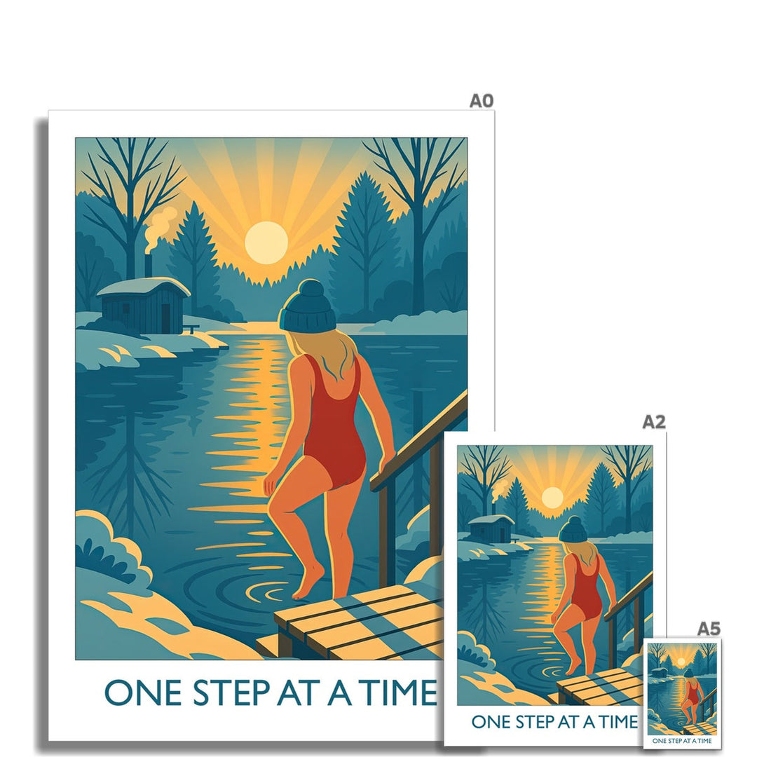 One Step at a Time wild swimming art print shown in A0–A5 sizes, printed in the UK on FSC-certified paper using eco-friendly inks.