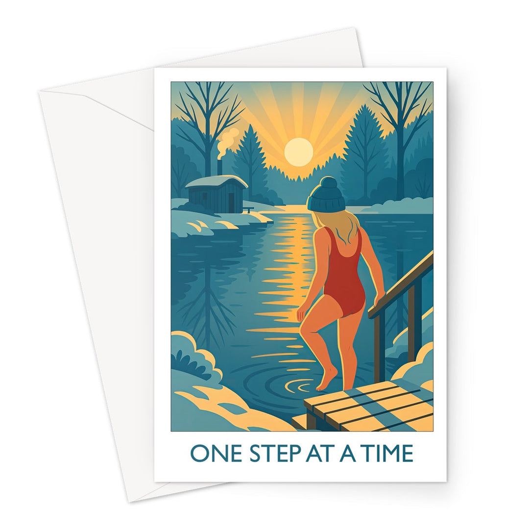 One Step at a Time wild swimming greeting card showing a swimmer stepping into a winter lake at sunrise; encouraging open water swimming.