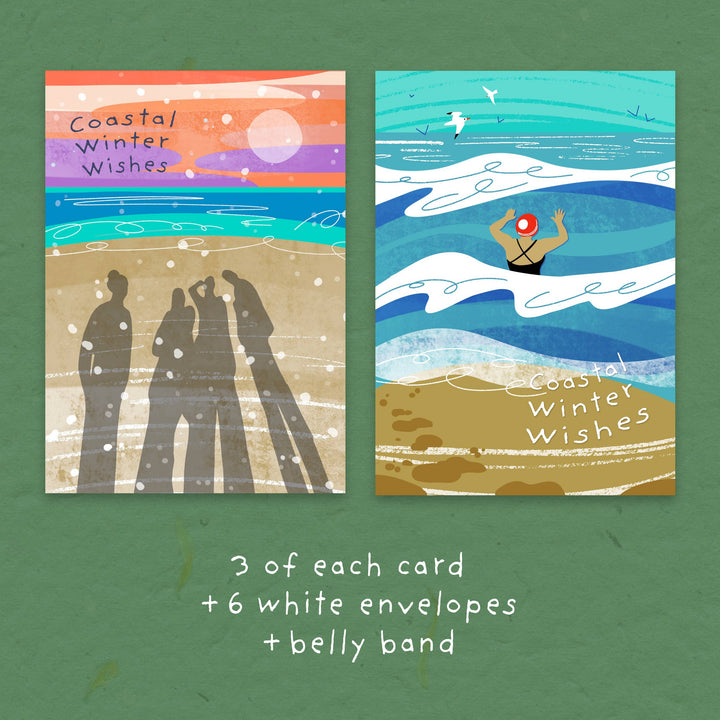 Onneke Coastal Winter Wishes Christmas cards featuring a festive sea swimmer and friends walking along a snowy beach at sunset