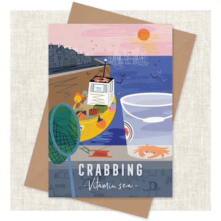 Onneke’s “Crabbing – Vitamin Sea” greeting card captures a colourful harbour scene – eco-friendly, UK-made, and perfect for seaside lovers.