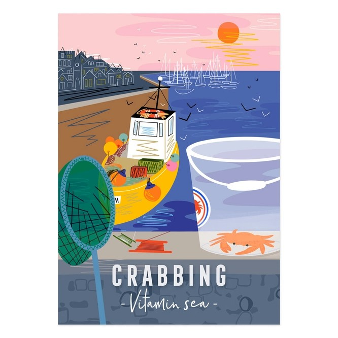 Eco-friendly crabbing greeting card by Onneke featuring a vibrant harbour illustration – perfect for birthdays or coastal-themed notes.