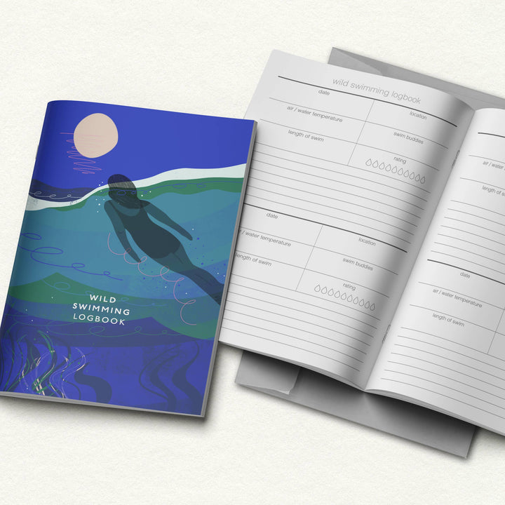 Inside pages of Onneke Wild Swimming Logbook with space to record swim locations, temperatures, swim buddies and ratings