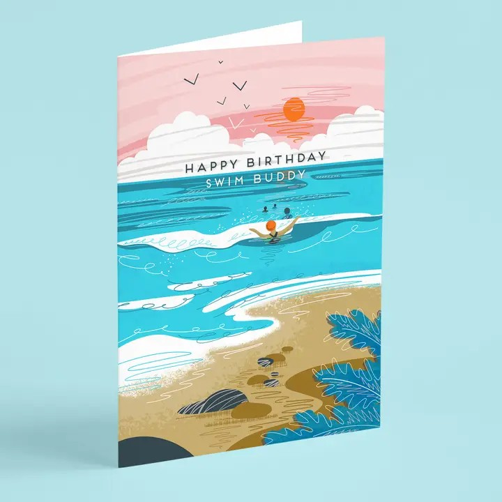 Wish your swim buddy a happy birthday with this illustrated wild swimming card by Onneke. Eco-friendly and made in the UK – perfect for outdoor swimmers.