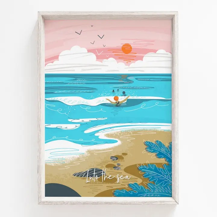 Onneke’s “Into the Sea” art print captures the joy of open water swimming – a vibrant, UK-made design perfect for sea swimmers' homes.