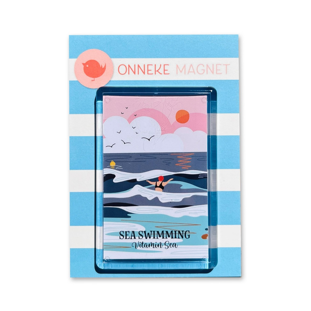 Add a splash of sea swimming joy to your fridge with this colourful “Vitamin Sea” magnet by Onneke – a perfect gift for open water swimmers.