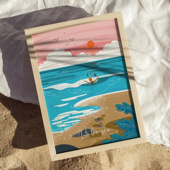 A peaceful scene of sea swimmers under a pink sky – this eco-friendly Onneke print is an inspiring gift for any wild water enthusiast.