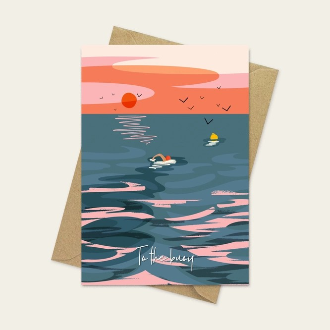 Onneke’s “To the Buoy” greeting card celebrates wild swimming at sunset – eco-friendly and made in the UK, perfect for open water lovers.