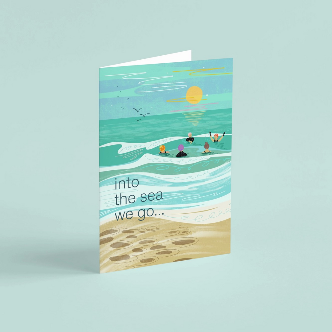‘Into the Sea We Go’ greeting card by Onneke. A joyful, nature-inspired wild swimming card – eco-friendly and made in the UK.