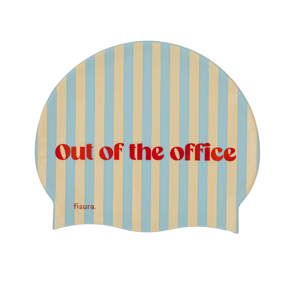 Striped swim cap with 'Out of the Office' text on a white background