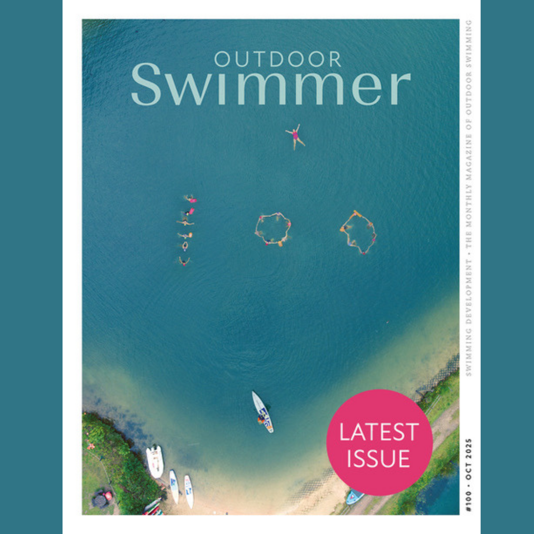 Front cover of the October 2025 issue of the Outdoor Swimmer magazine. The image, taken from above, shows the number  '100' in water, formed by a group of swimmers, celebrating the 100th edition.