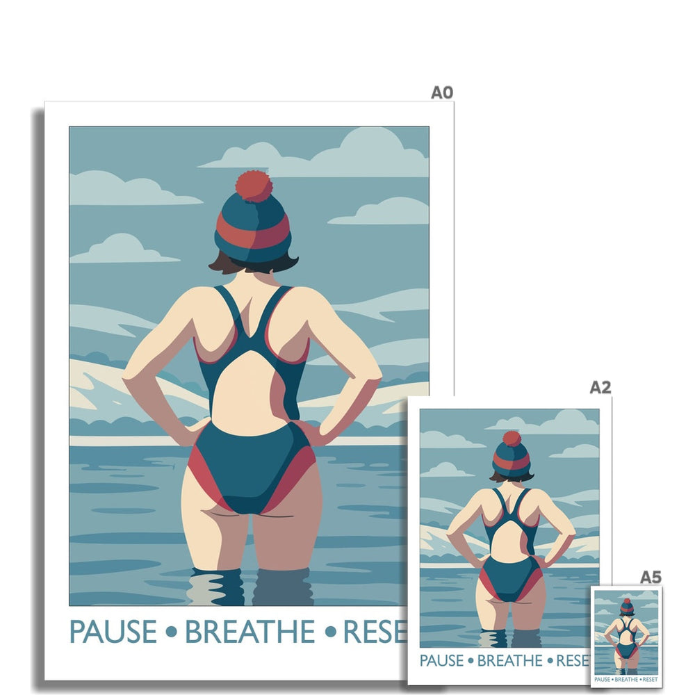 Pause Breathe Reset wild swimming art print shown in multiple size options