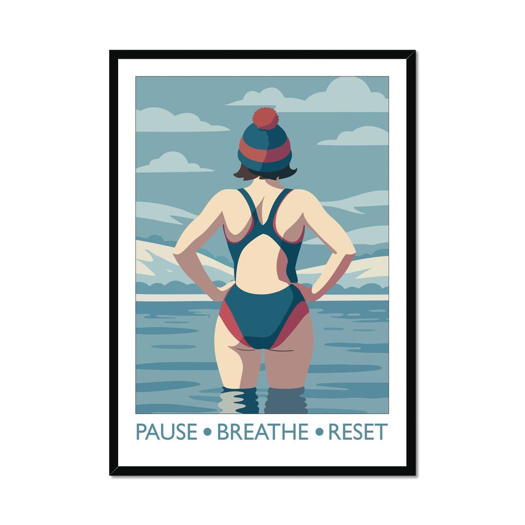 Framed wild swimming art print in black frame showing swimmer standing in open water titled Pause Breathe Reset