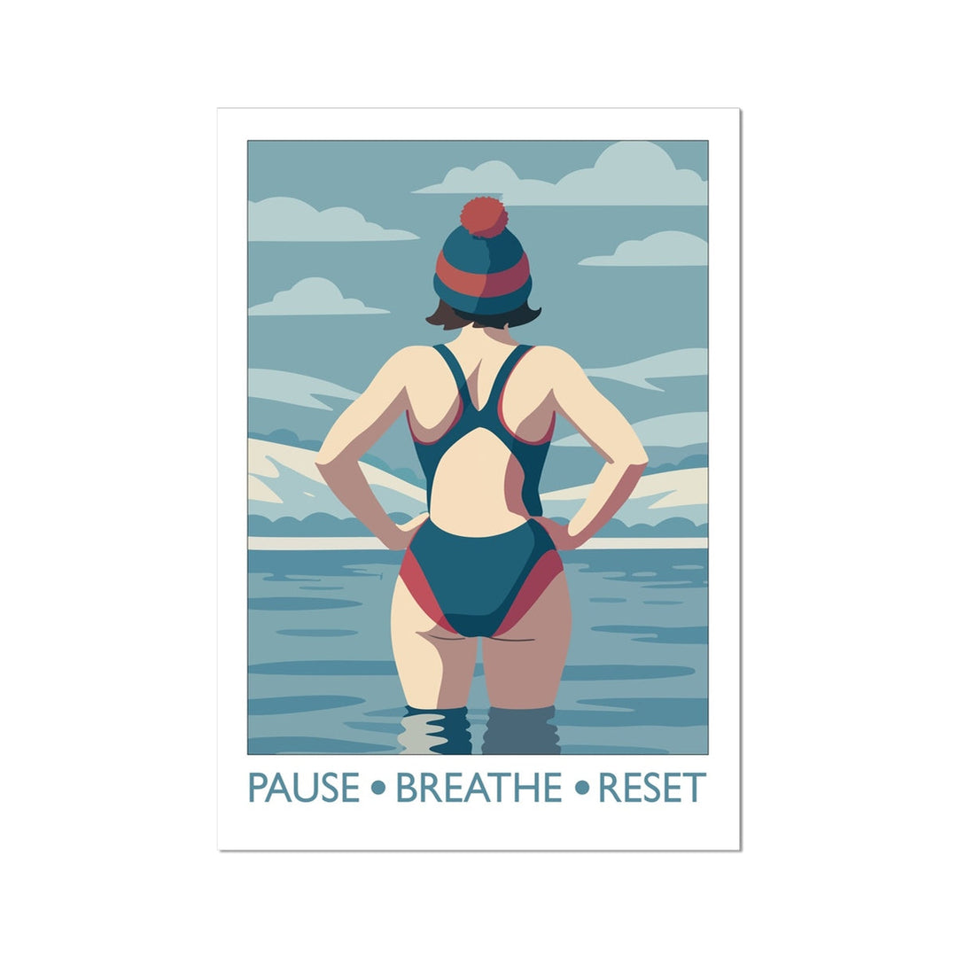 Wild swimming art print featuring swimmer standing in the sea titled Pause Breathe Reset