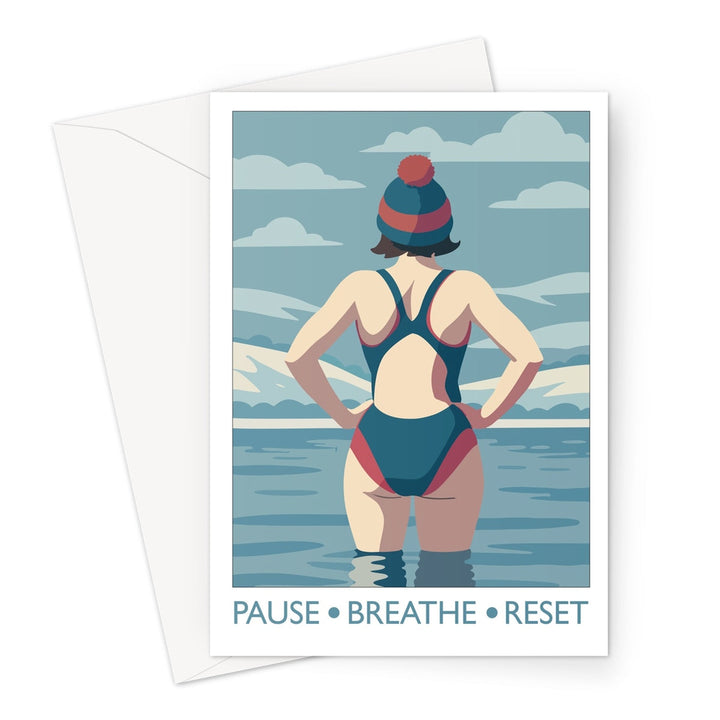 Wild swimming greeting card with calm coastal design titled Pause Breathe Reset