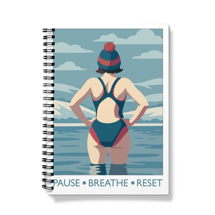Wild swimming notebook with swimmer illustration titled Pause Breathe Reset
