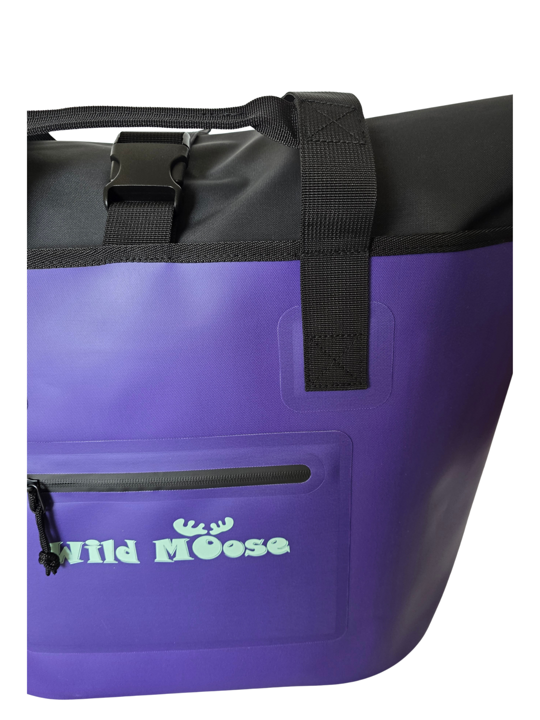 Purple tote bag with black handle and &