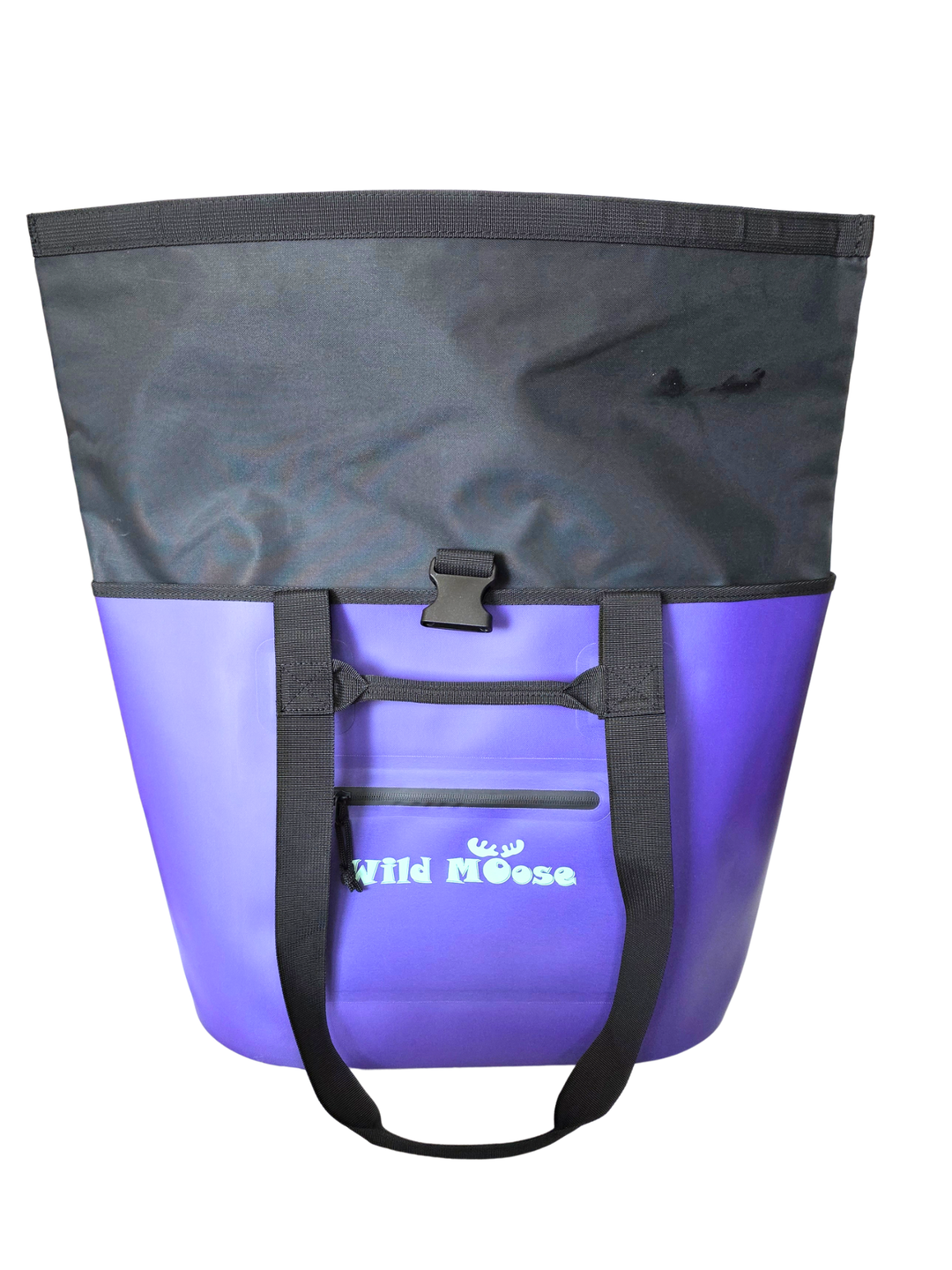 Purple tote bag with the black roll top unrolled, with &