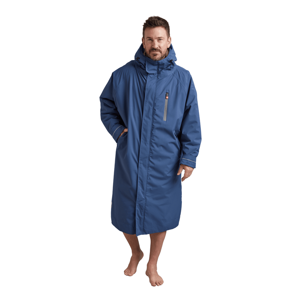 Front view of Red Alter Evo men’s long sleeve waterproof changing robe in Admiral Blue.