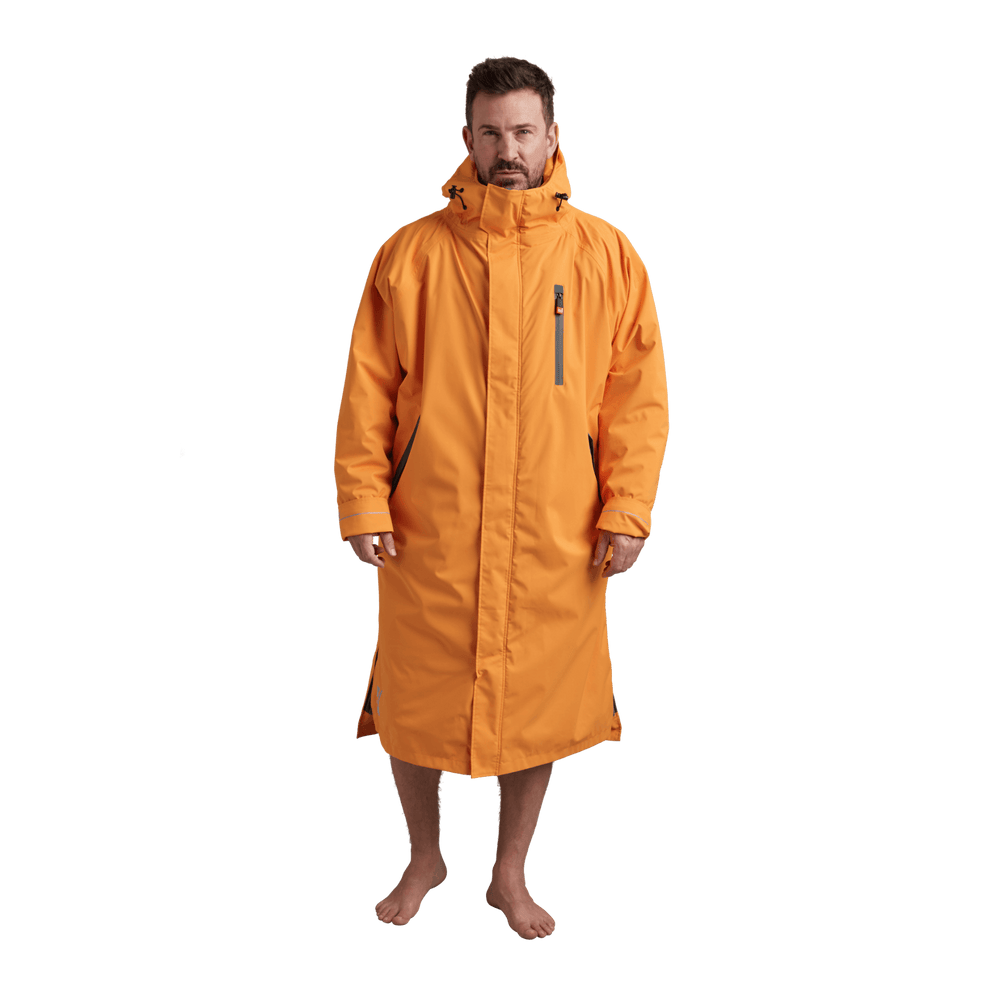 Front view of Red Alter Evo men’s long sleeve waterproof changing robe in Bitter Orange.