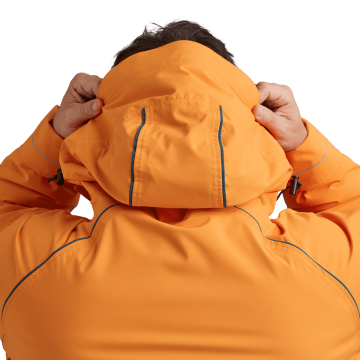 Back view of peaked hood on Red Alter Evo men’s long sleeve waterproof changing robe in Bitter Orange.