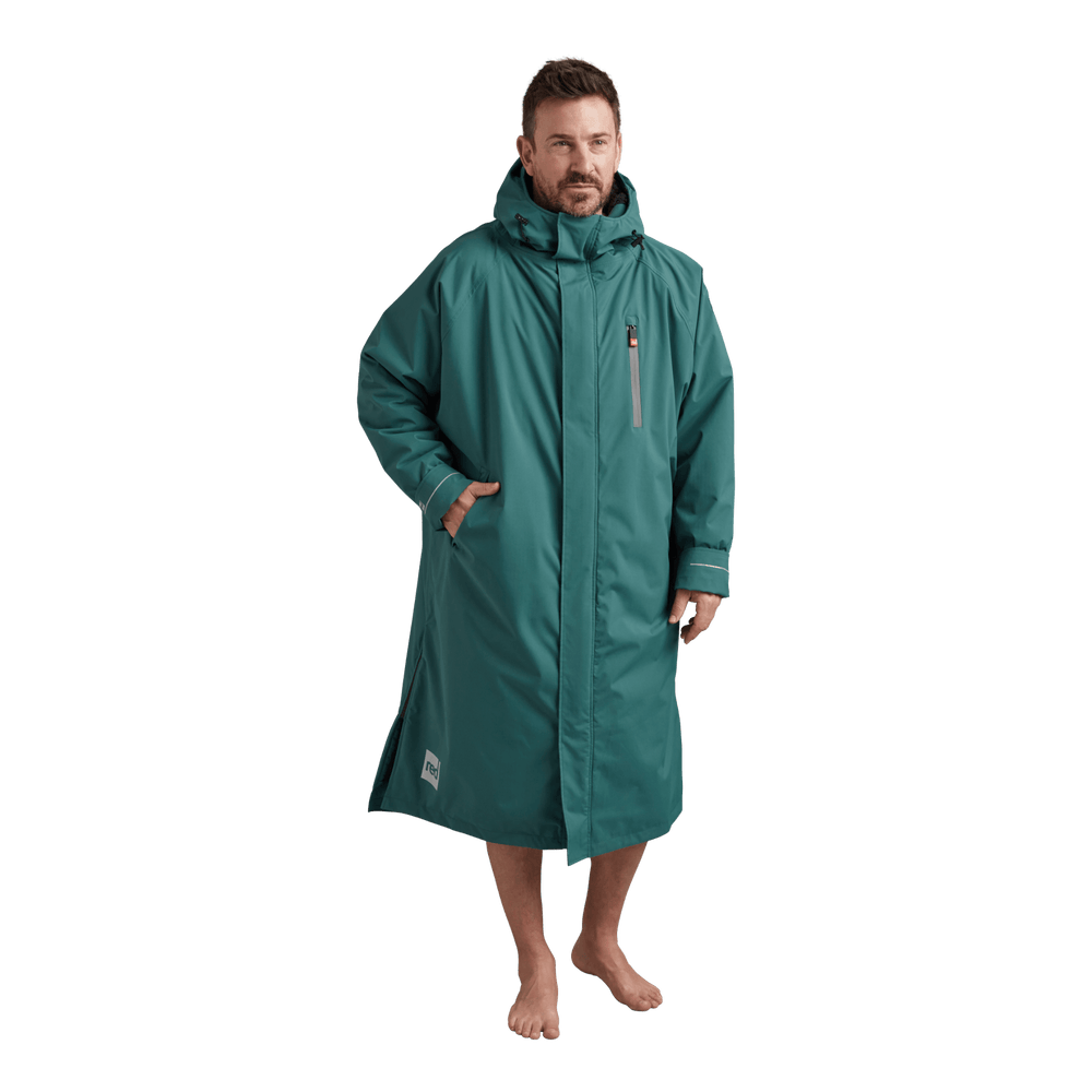 Front view of Red Alter Evo men’s long sleeve waterproof changing robe in Deep Teal.