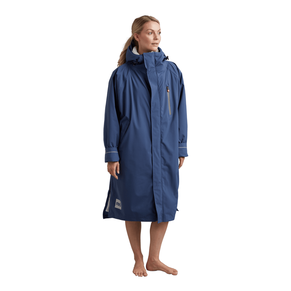 Front view of Red Alter Evo women’s long sleeve waterproof changing robe in Admiral Blue.
