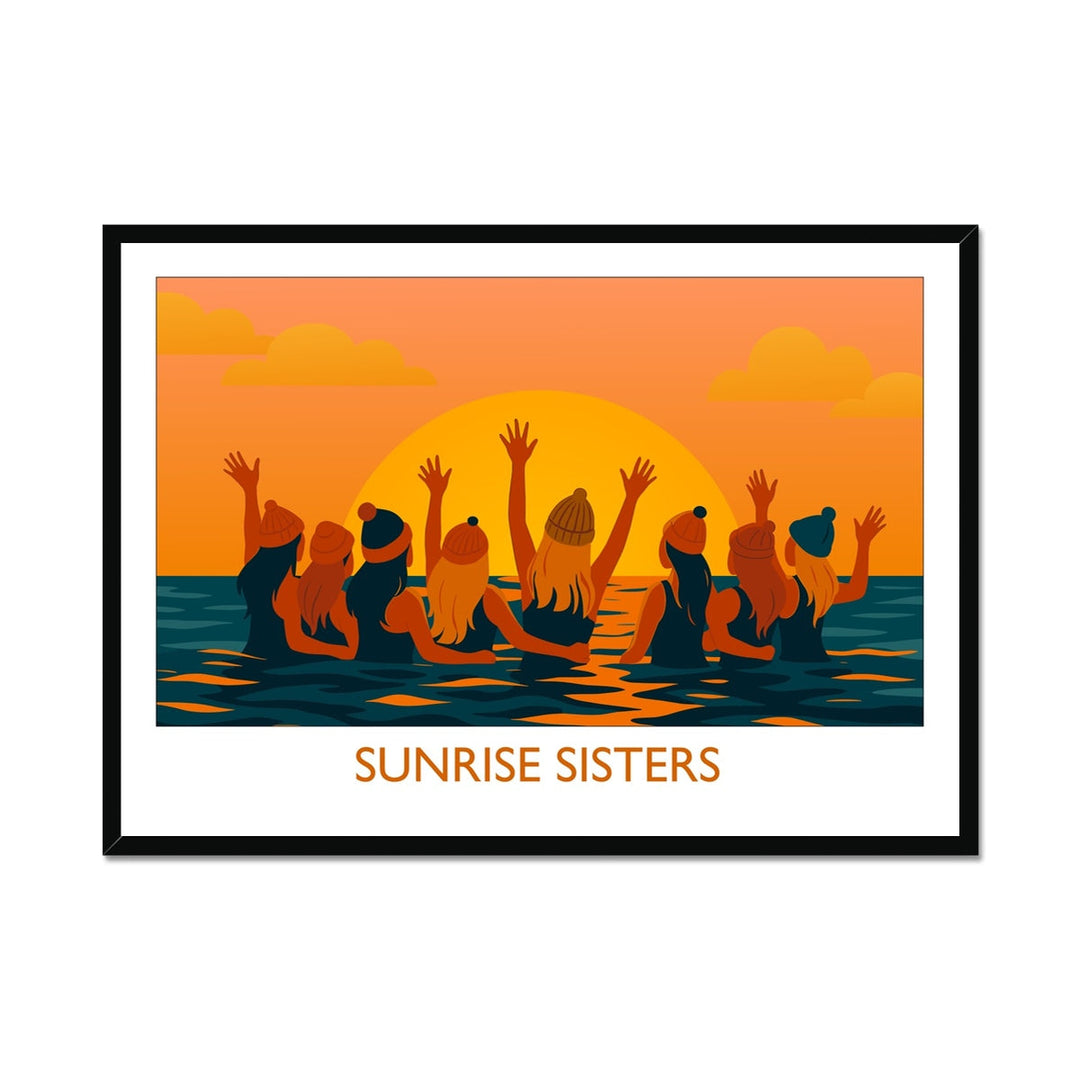 Framed wild swimming art print in black frame featuring women swimming together at sunrise, titled Sunrise Sisters