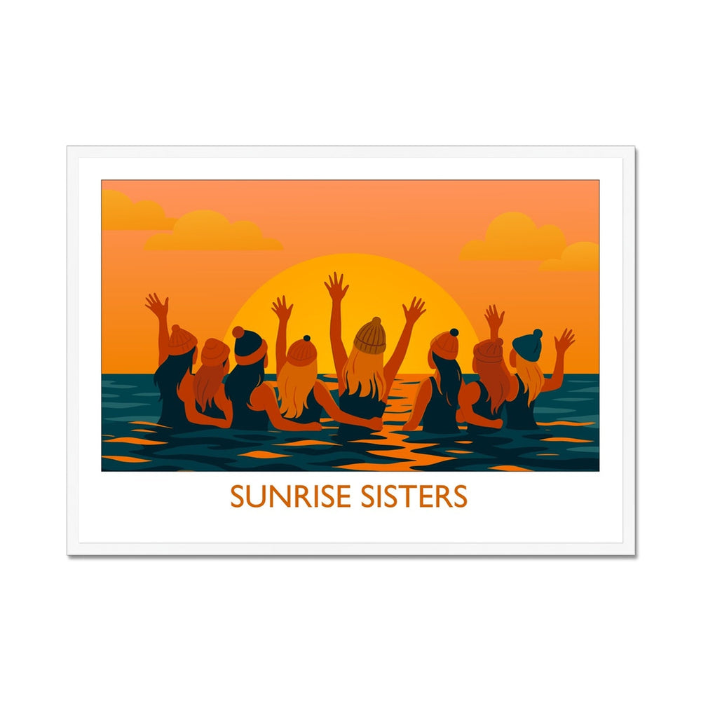 Framed wild swimming art print in white frame featuring women swimming together at sunrise, titled Sunrise Sisters